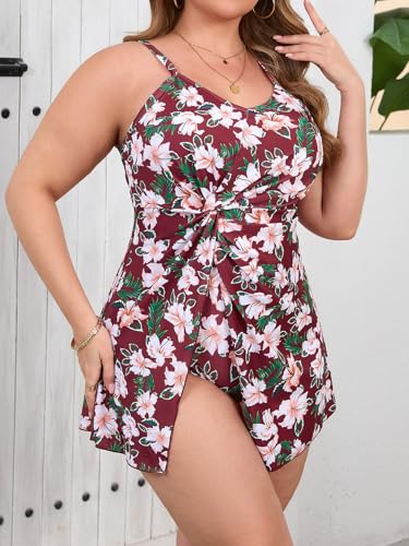 Beautife Womens Plus Size One Piece Swimsuits Tummy Control Swim Dress Floral Print Twist Slit Bathing Suits Swimdress4