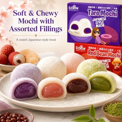 Fusion Select Assorted Japanese Style Mochi Variety Pack, 4 Flavors | Taro, Lychee Daifuku, Red Bean & Green Tea, Soft Chewy Filled Mochi - image 2