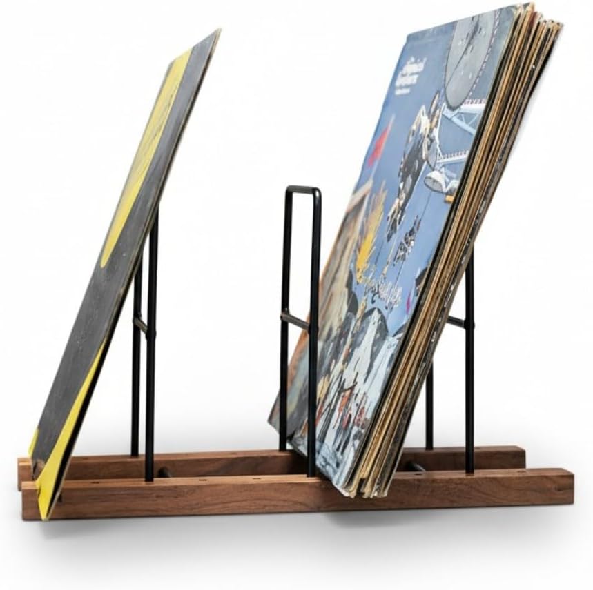 Thsaot Vinyl Record Storage Holder - Solid Black Walnut Wood & Metal Album Display Rack with Now Playing Groove, Holds Up to 75 LPs, Stable Anti-Slip Organizer for Turntable Stand & Music Room
