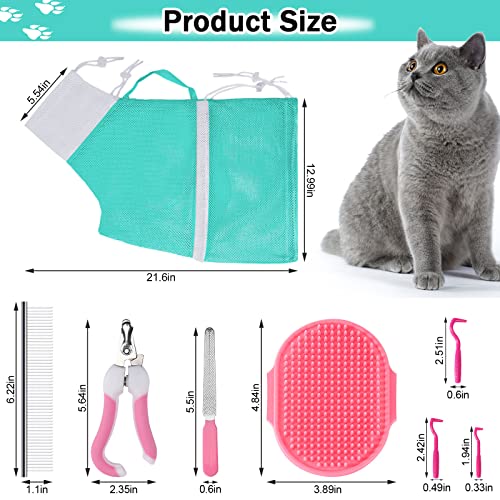 Image of JULMELON 10 PCS Cat Washing Bag for Bath Shower Adjustable Net Grooming Set | Pet Brush Nail Clipper File, Hair Combs Tick Tool, Nail Caps, Bathing Trimming Examination, Pink and Green