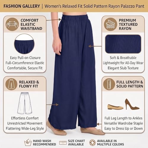 Image of FASHION GALLERY Women's Solid Rayon Palazzo Pants | Relaxed Fit Full Length Wide Leg Palazzo | Elastic Waist Comfortable Casual Lounge Office Ethnic Flared Trousers for Women