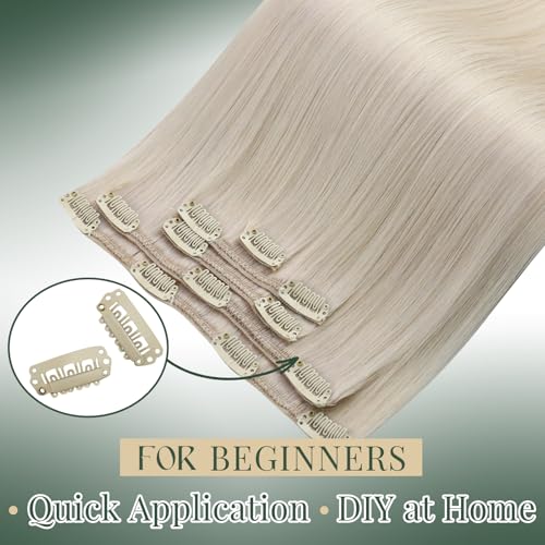 Image of Ugeat Clip in Human Hair Extensions Platinum Blonde 12 Inch 5pcs 85g | Human Hair Extensions Clip ins , Real Hair Clip in Extensions Platinum Blonde , Short Length