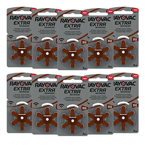 60 x Rayovac Extra Advanced Hearing Aid Batteries Size 312
