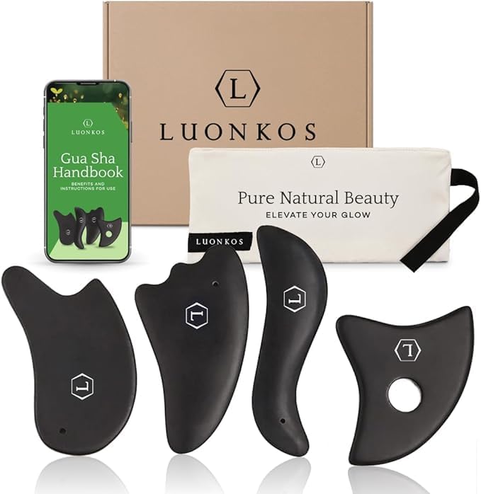 LUONKOS Skincare Gua Sha & Face Massager Set - 4-Piece Classic Black Stone - Face Roller & Beauty Tools for Facial Massage, Self Care & Wellness - Jawline Shaper