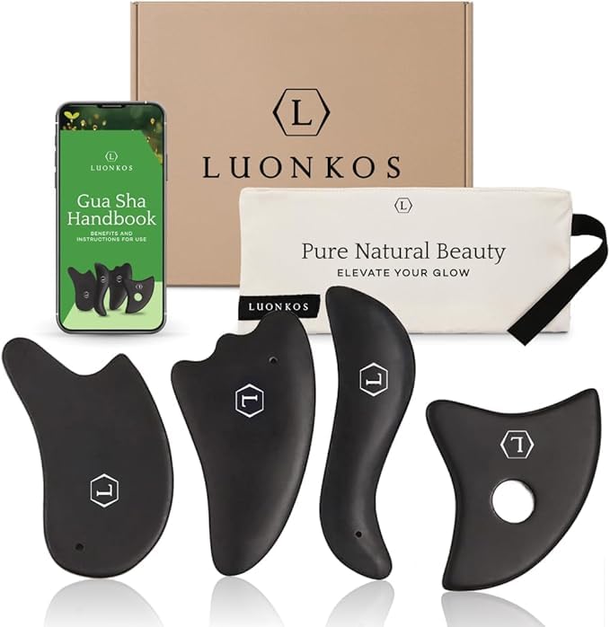 LUONKOS Skincare Gua Sha & Face Massager Set - 4-Piece Classic Black Stone - Face Roller & Beauty Tools for Facial Massage, Self Care & Wellness - Jawline Shaper