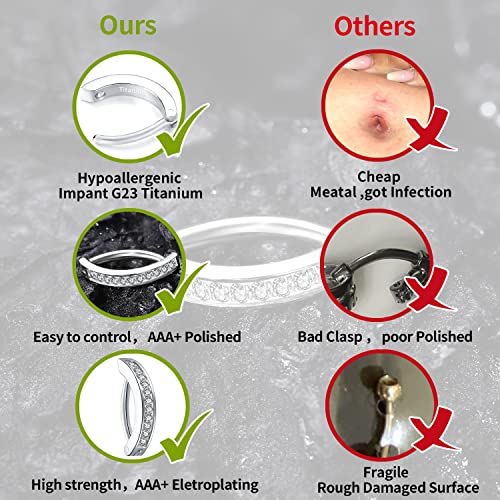 Vojo 14G G23 Titanium Clicker Belly Button Ring,10/12Mm Reverse Curved Hoop Navel Barbell Body Jewelry (Silver Diamonds,14G 10Mm) #TOP3