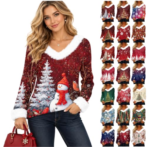 Christmas Sweaters for Women Long Sleeve V Neck Sweatshirt Casual Soft Warm Ugly Funny Holiday Cardigan 2026 Trendy Fall Winter Pullover Tops,Red5,L - image 1
