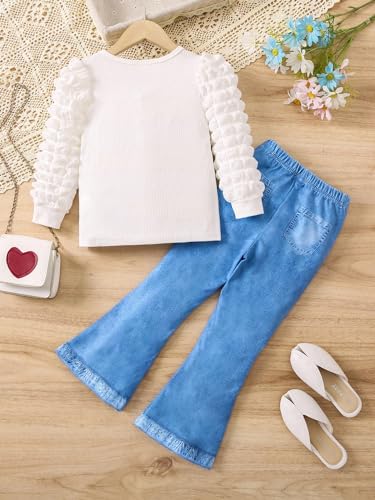 Image of Floerns Girl's 2 Piece Outfit Puff Long Sleeve Tee Flare Leg Denim Pants Set Blue and White 10Y