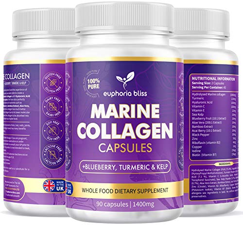 High Strength Marine Collagen Tablets - Skin, Hair, Nails & Joints - Fortified with Hyaluronic Acid, Blueberry, Biotin, Vitamin C,...
