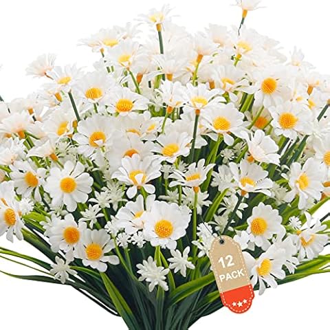 Aufind 12 Bundles Artificial Daisies Flowers Outdoor Fake Plants White Gerber Daisy Fake Foliage Greenery Faux Plants for Graves Hanging Outside Planter Window Box Wedding Decoration Cover
