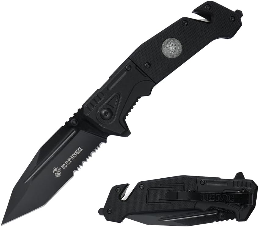 MTECH USA USMC Pocket Folding Knife, USMC, 8.50" Overall Length, 3.55" Tanto Blade, G10 Handle, Glass Breaker and Rope Cutter, EDC (Black)