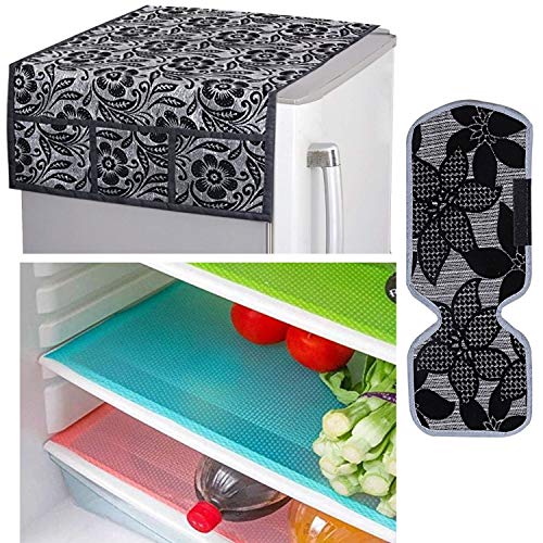 Image of Kuber Industries PVC 3 Pieces Fridge Mats, 1 Piece Handle Cover and 1 Piece Fridge Top Cover (Black), CTKTC13908