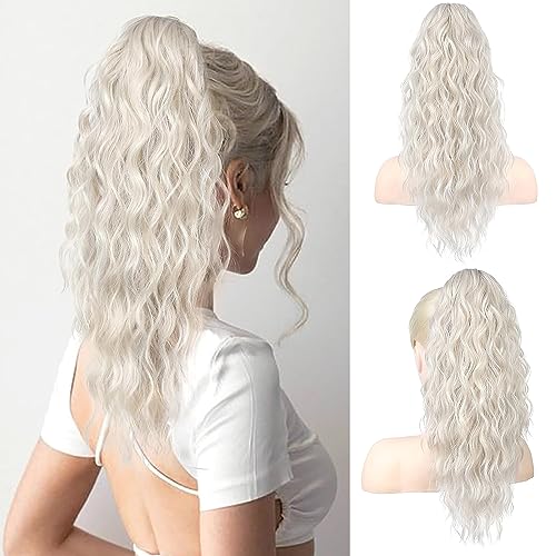 PORSMEER Claw Clip in Ponytail Hair Extensions 18 inches Long Curly Platinum Blonde Ponytail Multi Layered Natural Fluffy Wave Synthetic Hairpiece for Womens Girls Everyday Wear