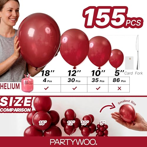Image of PartyWoo Burgundy Balloons 155 pcs Different Sizes of 18 12 10 5 Inch Dark Chestnut Red Maroon Balloon Arch Kit Garland for Birthday Graduation Anniversary Cherry Casino Party Decorations Red-Y62