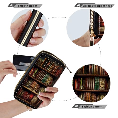 Women Wallets,Large Capacity Clutch Purse for Women Ladie Men Wallet Clearance Credit Card Holder PU Leather Handbag Clutch Purse-Vintage Bookshelf4