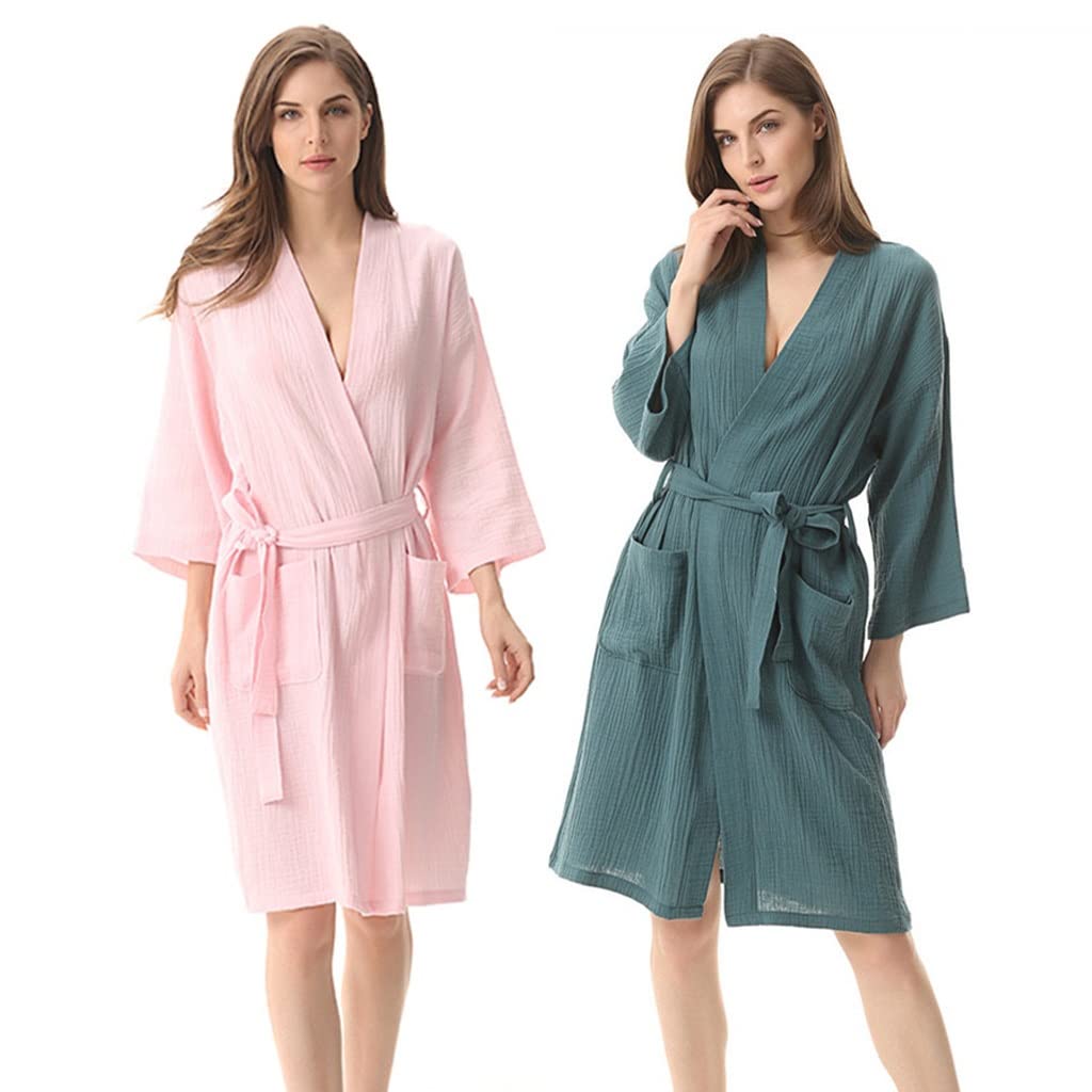 XUEMML Peignoir Femme Ete Coton，Robe Kimono Légère, Vêtements De Nuit Doux pour Femmes, Peignoir Fin en Double Gaze, Pyjama Kimono Japonais. (Color : Green, Size : L)