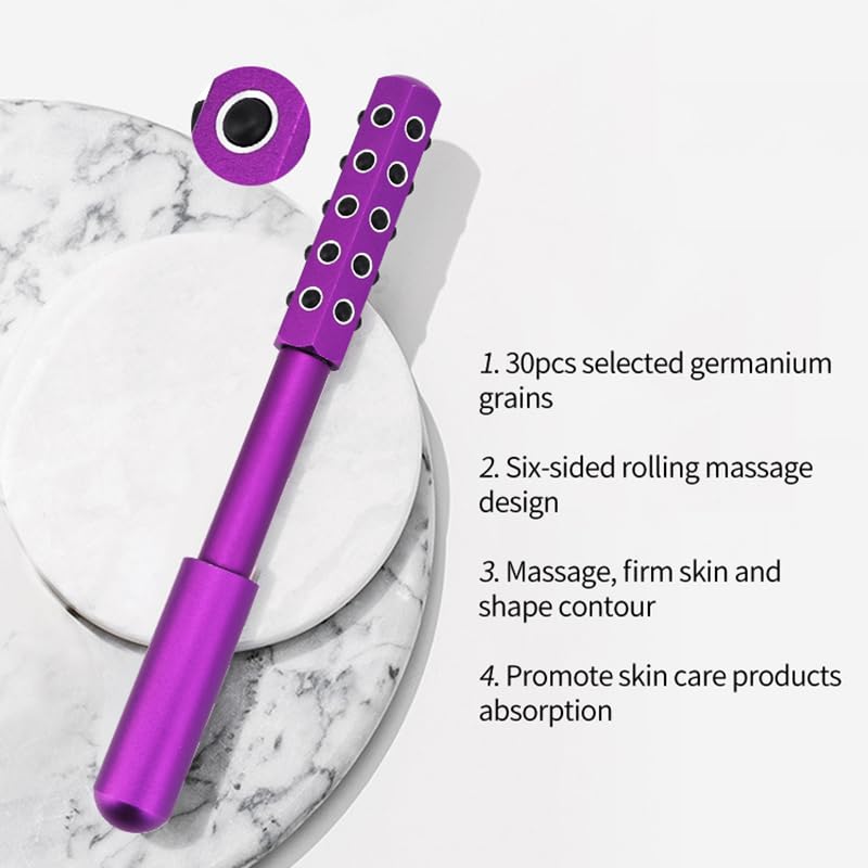 Gesichtsroller mit 30 Steinen, kühlendes Gesichts- und Nackenmassagegerät zur Hautverjüngung, 360°-Konturierung mit Germanium-Steinen und Flugzeug-Aluminium, tragbar, 19,3 cm, Lila