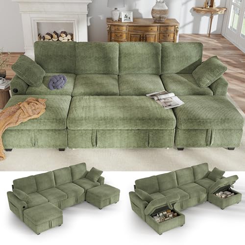 Image of Hanherry 104 inch Sectional Sofa with Pull Out Couch Bed,Corduroy 4 Seater Sleeper Sofa with Storage Ottoman & USB Charging,Comfy U Shaped Modular Couches for Living Room,Apartment