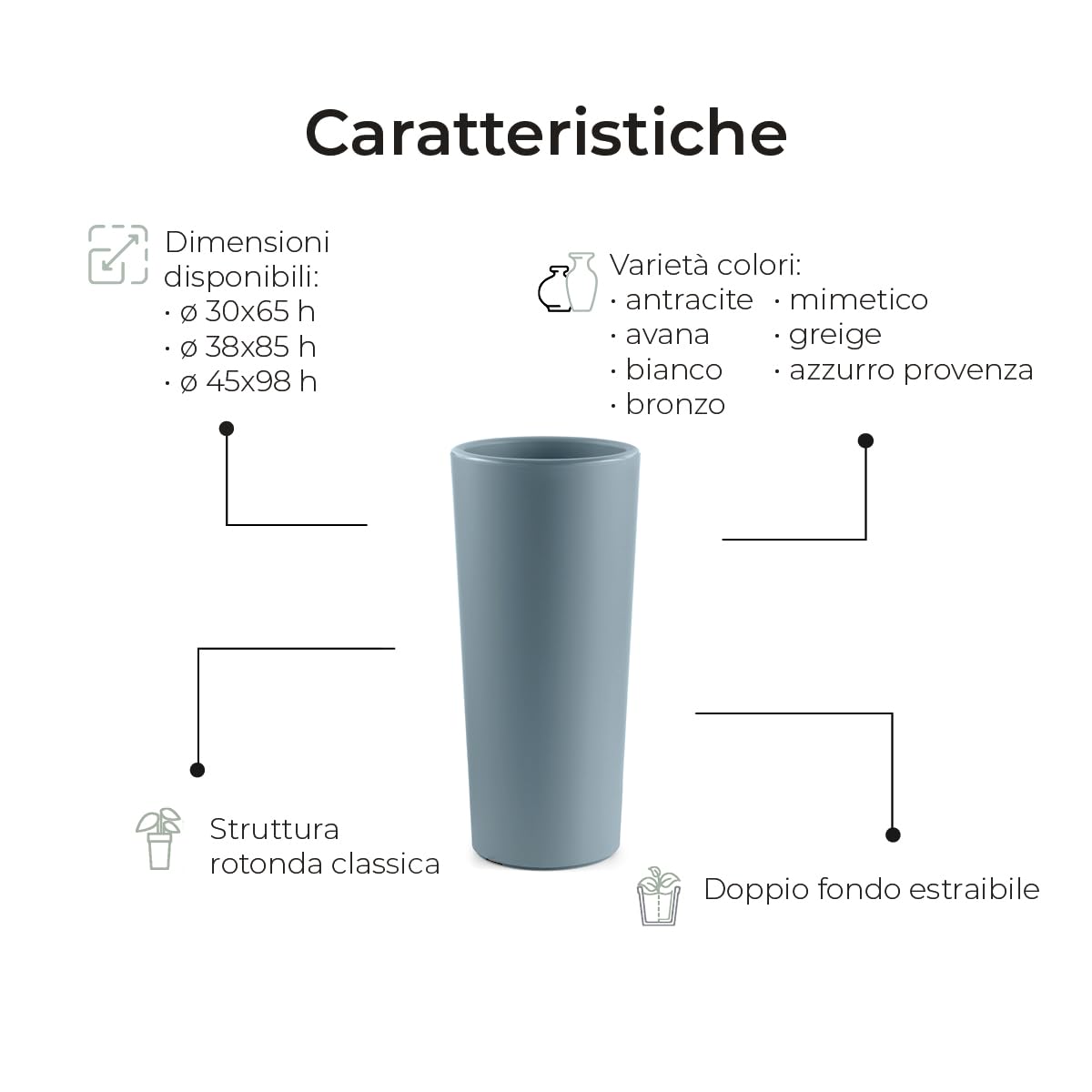 Veca Veneta Casalinghi S.P.A. Vaso FIORIERA Tondo in Pls Alto 85 CM Vari Colori Cache-Pot CLOU diam. 38' (Antracite)