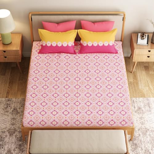 Image of Mytrident Bedsheet for Double Bed Queen Size |90 Inches x 100 Inches | Meadow Pink