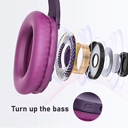 LETSCOM Bluetooth Headphones, 100 Hours Playtime Bluetooth 5.0 Headphones Over Ear with Deep Bass, Hi-Fi Sound and Soft Earpads, Built-in Mic, Wired/Wireless Headset for Home Office-Red Purple