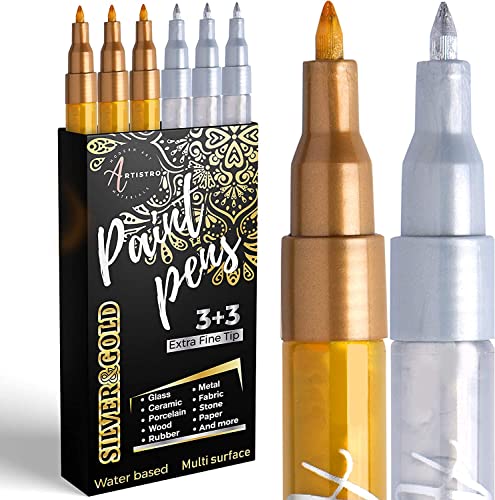 Metallic Acrylic Paint Pens For Rock Painting, Stone, Ceramic, Glass, Wood, Fabric, Canvas, Metal, Scrapbooking (6 Pack) Set Of 3 Gold & 3 Silver Acrylic Paint Markers Water-Based Extra-Fine Tip 0.7Mm #TOP19