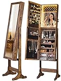 LUXFURNI LED Light Jewelry Cabinet Armoire, Standing Mirror Makeup Lockable Large Storage Organizer w/Drawers (Rustic Brown)