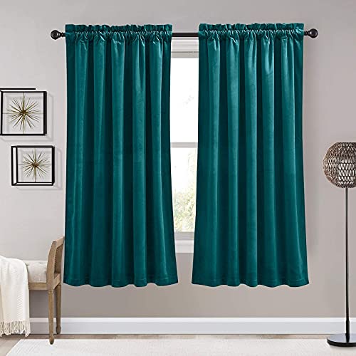 Image of RYB Home Velvet Curtains for Bedroom - Super Soft Room Darkening Thermal Insulating Window Drapes for Home Office Living Room Dining Backdrop, W 52 x L 63 inch, Peacock Blue, 1 Pair