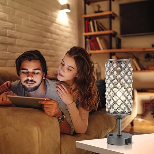 Image of Hong-in Gray Crystal Lamp Touch Control Set of 2, Crystal Table Lamps with USB C+A Ports & AC Outlet, 3-Way Dimmable Nightstand Touch Lamp, Modern Bedside Table Lamp for Bedroom(Bulbs Included)