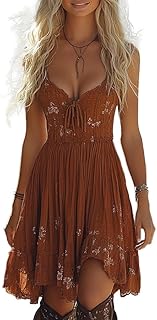 Womens Vintage Western Cowgirl Dresses Sexy Spaghetti Strap Deep V Neck Tie Front A Line Lace Trim Mini Dress - Buy now
