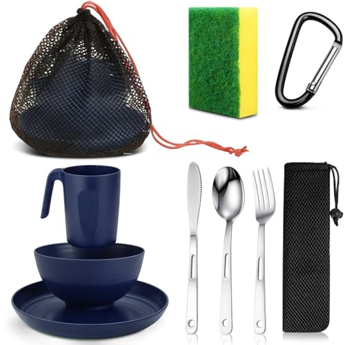 Scout Camping Mess Kit for 1 Person Boy Scout Dishes Set Girl Scout Mess Kit with Mesh Bag Reusable Light Weight Eating Utensils Plastic Camping Cutlery Set for Travel Camp