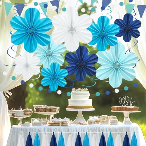 Image of Navy Blue Birthday Graduation Party Decoration 22 Pcs Hanging Paper Flower | Tassel Garland & Swirls for Wedding Bridal Showers Baby Shower Classroom Decor Backdrop Supplies Easy to Assemble Reusable