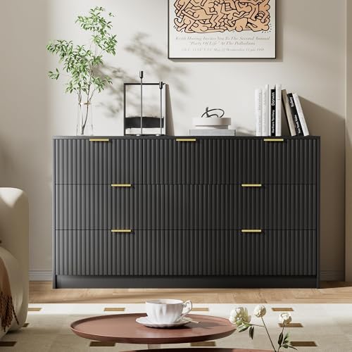 Image of 3 Piece Modern Bedroom Set, 7 Drawer Dresser with 2 Nightstands, Black