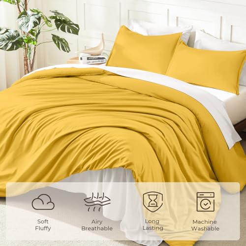 Image of Litanika Mustard Yellow Comforter Set Queen Size, 3 Pieces Lightweight Solid Bedding Comforter Set, All Season Fluffy Bed Set (90x90In Comforter & 2 Pillowcases)