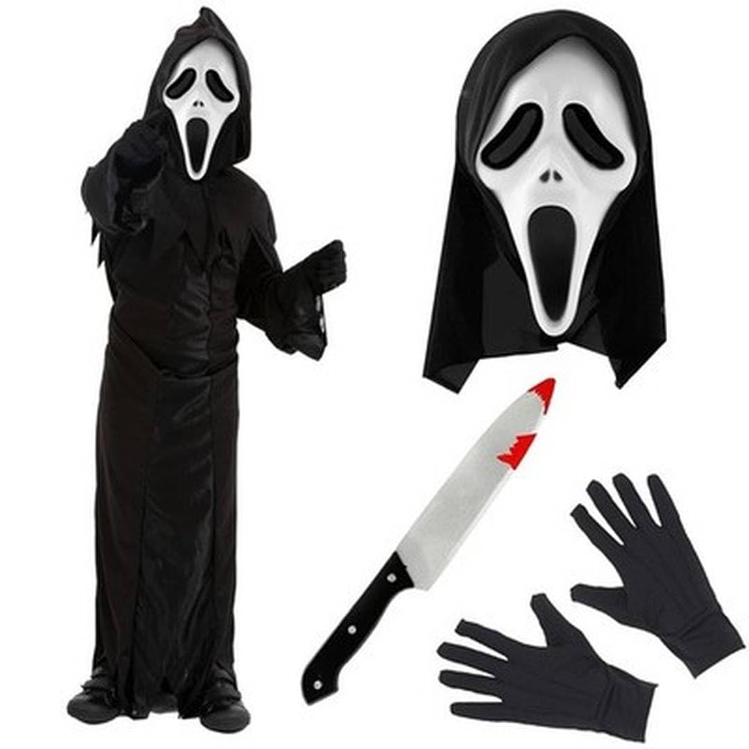 LOVETRENDS Kids Screamer Costume - Black Hooded Robe with Face Mask, Black Gloves & Plastic Knife - Childs Halloween Ghost TV Film Fancy Dress Costume