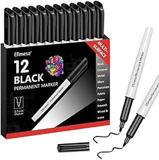 Efimeso 12 Black Permanent Markers, Fine tip Permanent Marker Pens,Black Marker Pens Work on Rock,Paper,Ceramic,Metal,Glass and Farbric