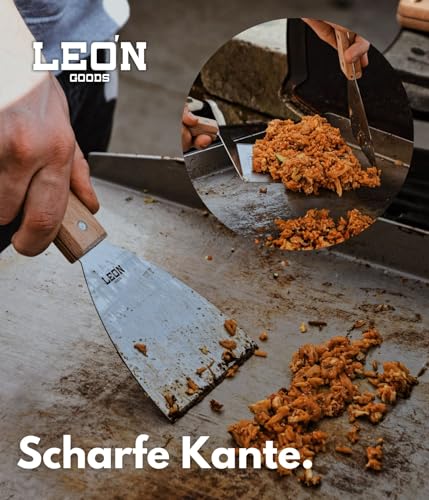 LEÓN Goods® : Grillspachtel Set mit Buchenholz-Griff [Edelstahl] Plancha Spachtel und Grillplatten Zubehör. Grill Spachtel für Smash Burger, Fisch, Steaks UVM - rostfrei. (2-TLG.)