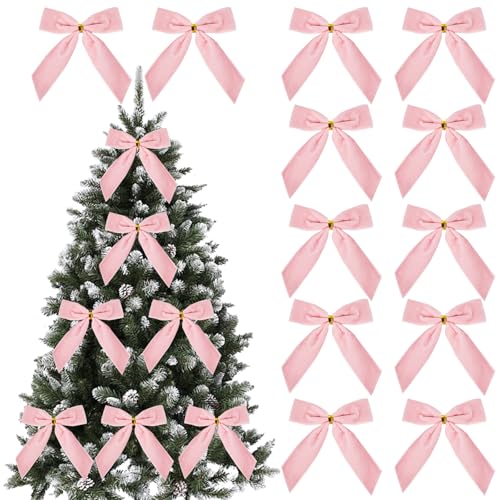 12pcs Small Christmas Velvet Bows 3.5 Inch Rustic Wreath Gift Bows Vintage Xmas Velvet Ribbon Bow Holiday Ornaments for Christmas Tree Garland DIY Craft Wrapping Decor (Pink)