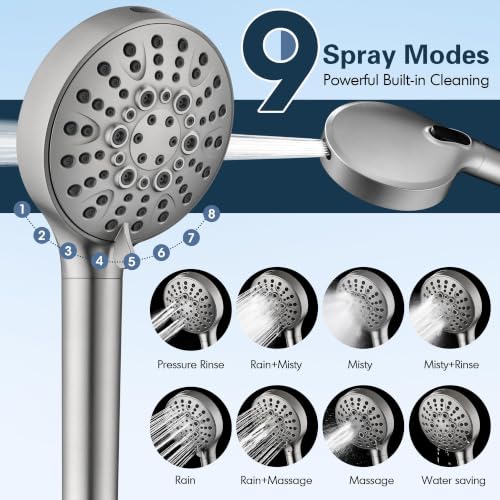 Image of BRIGHT SHOWERS Filtered Shower Head with Handheld, High Pressure 9 Spray Mode Showerhead with Long Hose and Bracket, Water Softener Filters Beads for Hard Water - Removes Chlorine, Brushed Nickel
