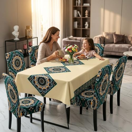 Image of Styleys Dining Table Cover 6 Seater Waterproof with Chair Covers | Table Cover Cloth | Dining Table Cover Cloth Combo - 1 Table Cover + 6 Chair Cover, Beige & Green Mandala, XKFSZB-24