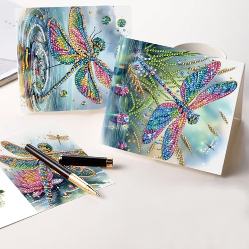 Image of 6 Pcs 5D Diamond Painting Greeting Cards Kits Dragonfly, Handmade Festival Greeting Cards with Envelopes DIY Diamond Art Crafts Birthday Cards Shimmer Design for Birthdays Holidays (30x15cm)