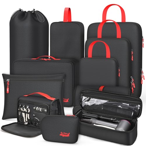 11 Set Compression Packing Cubes for Travel, Waterproof Organizer Set with Hanging Underwear & Toiletry Bag, Shoe/Boot Bag, Hair Tools Organizer, Laundry Bag & Digital Pouch (Black)