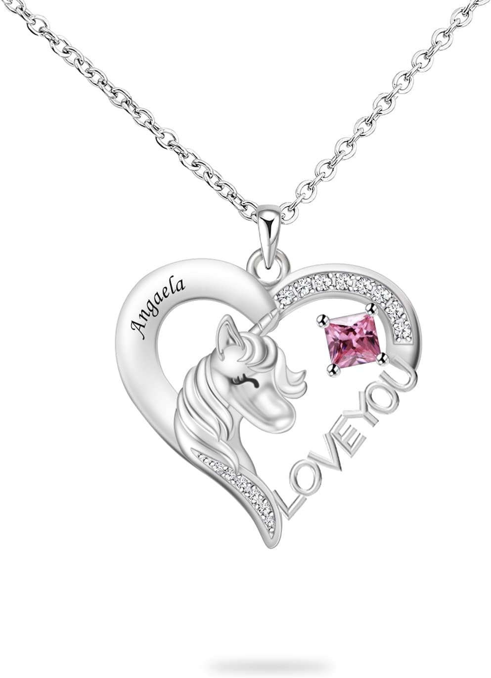 BAUMA AUTO Personalized Unicorn Necklace Engraved Name Pendant Necklace Crystal Heart Pendant Necklace Unicorn Jewelry Gift for Cute little Angel,Women