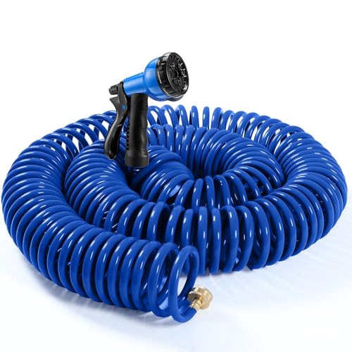 Therwen 100 ft Recoil Garden Hose Self-coiling Lightweight Water Hose with 3/4 Brass Connector and 8-pattern Spray Nozzle Kink-free Spiral Hoses for Rv Boat Balcony and Car Washing