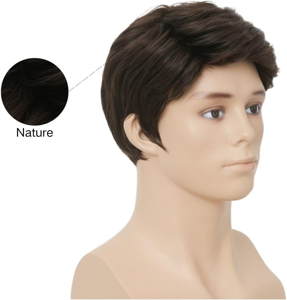 Mens Brown Short Wigs Side Part Natural Synthetic Hair Wigs Daily Costume Wig for Male Guy - Image 3