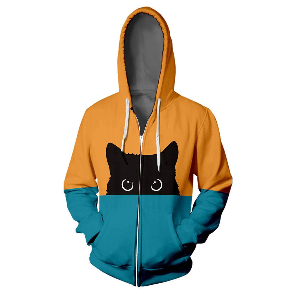 COOLLL Unisex Cute Cat Print Color Block Zipper Up Hoodie Top with Pocket Hip Hop Long Sleeve Blouse Coat Casual Pullover Jumper Hoodies Sweatershirt Plus Size S - XXXXL Green
