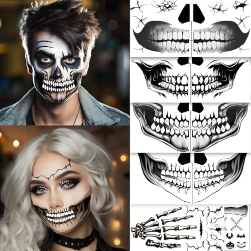ENYACOS Skull Face Tattoo für Halloween Totenkopf Gesichtstattoo & Mundtattoo, Aufkleber Gesicht, Skelett Tattoo Gesicht, Face Tattoo Halloween, Totenkopf Schminke Accessoires für Kostüm (a)