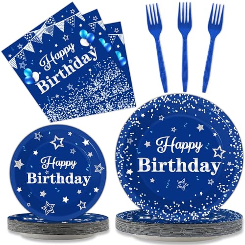 Tevxj Birthday Party Tableware Set, 96PCS Navy Blue and Silver, Disposable Plates, Napkins, Forks for 24 Guests, Place Setting for Men and Boys
