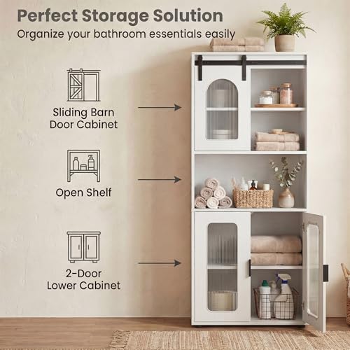 Image of Tangkula 59 inch Tall Bathroom Floor Cabinet, Freestanding Storage Cabinet with Sliding Barn Door & Open Shelves, Farmhouse Bathroom Storage for Kitchen, Living Room, Dining Room (White, 59 inch H)