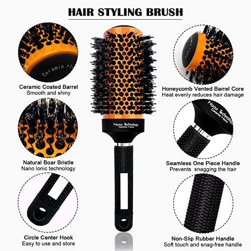 Round Brush Set For Blow Drying, Ceramic Ion Thermal Barrel Brush, 4 Different-Sized Boar Bristle Round Hair Brush And Curved Vented Brush, Round Brush Set For Straightening, Add Volume & Shine #TOP1
